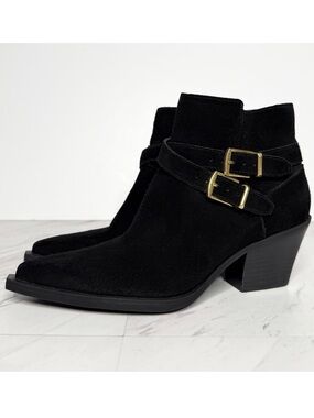 Dolce Vita Buckle Black Suede Stacked Heel Pointy Toe Bootie 8